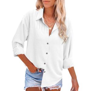 imageHOTOUCH Womens Long Sleeve Button Down Shirts Oversized Collared Drop Shoulder Work Tops Textured Loose Blouse SXXXL01white