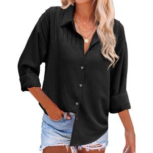 imageHOTOUCH Womens Long Sleeve Button Down Shirts Oversized Collared Drop Shoulder Work Tops Textured Loose Blouse SXXXLBlack