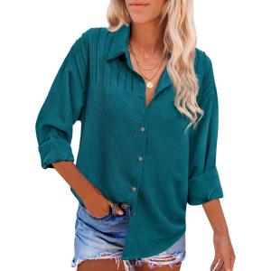 imageHOTOUCH Womens Long Sleeve Button Down Shirts Oversized Collared Drop Shoulder Work Tops Textured Loose Blouse SXXXLBlue Green
