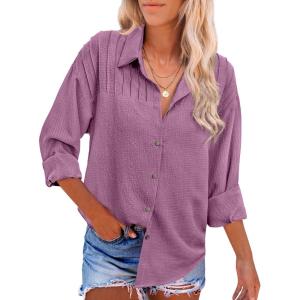 imageHOTOUCH Womens Long Sleeve Button Down Shirts Oversized Collared Drop Shoulder Work Tops Textured Loose Blouse SXXXLFuchisa
