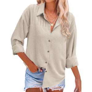 imageHOTOUCH Womens Long Sleeve Button Down Shirts Oversized Collared Drop Shoulder Work Tops Textured Loose Blouse SXXXLKhaki