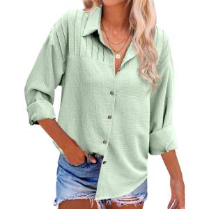 imageHOTOUCH Womens Long Sleeve Button Down Shirts Oversized Collared Drop Shoulder Work Tops Textured Loose Blouse SXXXLLight Green