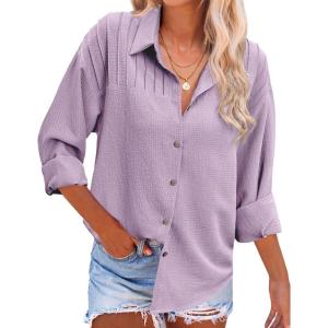 imageHOTOUCH Womens Long Sleeve Button Down Shirts Oversized Collared Drop Shoulder Work Tops Textured Loose Blouse SXXXLPurple