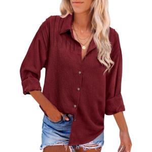 imageHOTOUCH Womens Long Sleeve Button Down Shirts Oversized Collared Drop Shoulder Work Tops Textured Loose Blouse SXXXLWine Red