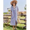 imageHOTOUCH Womens Dress Summer Casual Midi Short Sleeve Button Down Shirt Dress Loose Beach Beach Cover Up Dress with PocketsBlue Stripe