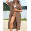 imageHOTOUCH Womens Dress Summer Casual Midi Short Sleeve Button Down Shirt Dress Loose Beach Beach Cover Up Dress with PocketsBrown