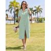 imageHOTOUCH Womens Dress Summer Casual Midi Short Sleeve Button Down Shirt Dress Loose Beach Beach Cover Up Dress with PocketsGreen Stripe