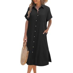 imageHOTOUCH Womens Dress Summer Casual Midi Short Sleeve Button Down Shirt Dress Loose Beach Beach Cover Up Dress with Pockets01black