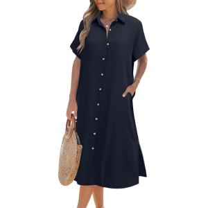 imageHOTOUCH Womens Dress Summer Casual Midi Short Sleeve Button Down Shirt Dress Loose Beach Beach Cover Up Dress with Pockets01navy Blue