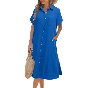 imageHOTOUCH Womens Dress Summer Casual Midi Short Sleeve Button Down Shirt Dress Loose Beach Beach Cover Up Dress with Pockets01royal Blue