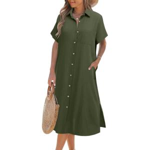 imageHOTOUCH Womens Dress Summer Casual Midi Short Sleeve Button Down Shirt Dress Loose Beach Beach Cover Up Dress with PocketsArmy Green