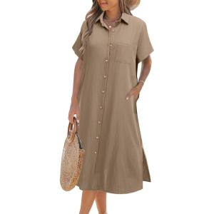 imageHOTOUCH Womens Dress Summer Casual Midi Short Sleeve Button Down Shirt Dress Loose Beach Beach Cover Up Dress with PocketsBeige