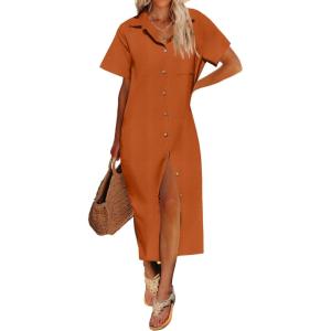 imageHOTOUCH Womens Dress Summer Casual Midi Short Sleeve Button Down Shirt Dress Loose Beach Beach Cover Up Dress with PocketsBrick Red