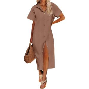 imageHOTOUCH Womens Dress Summer Casual Midi Short Sleeve Button Down Shirt Dress Loose Beach Beach Cover Up Dress with PocketsBrown