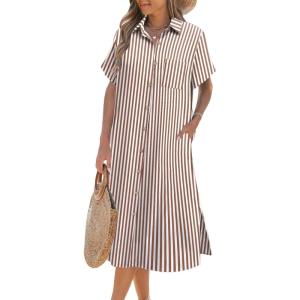 imageHOTOUCH Womens Dress Summer Casual Midi Short Sleeve Button Down Shirt Dress Loose Beach Beach Cover Up Dress with PocketsBrown Stripe