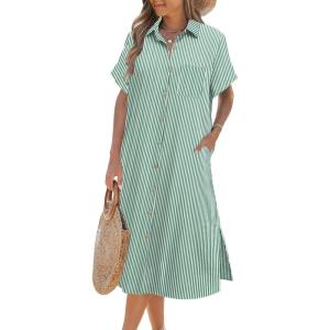 imageHOTOUCH Womens Dress Summer Casual Midi Short Sleeve Button Down Shirt Dress Loose Beach Beach Cover Up Dress with PocketsGreen Stripe