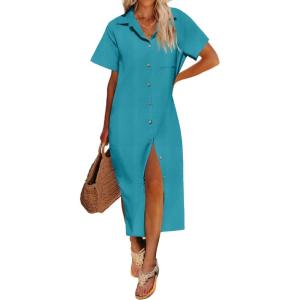 imageHOTOUCH Womens Dress Summer Casual Midi Short Sleeve Button Down Shirt Dress Loose Beach Beach Cover Up Dress with PocketsLake