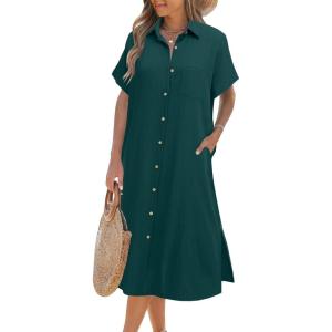 imageHOTOUCH Womens Dress Summer Casual Midi Short Sleeve Button Down Shirt Dress Loose Beach Beach Cover Up Dress with PocketsLake Green