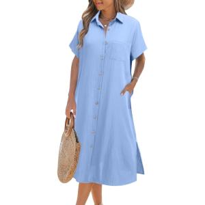 imageHOTOUCH Womens Dress Summer Casual Midi Short Sleeve Button Down Shirt Dress Loose Beach Beach Cover Up Dress with PocketsLight Blue
