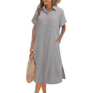 imageHOTOUCH Womens Dress Summer Casual Midi Short Sleeve Button Down Shirt Dress Loose Beach Beach Cover Up Dress with PocketsLight Grey