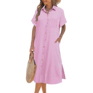 imageHOTOUCH Womens Dress Summer Casual Midi Short Sleeve Button Down Shirt Dress Loose Beach Beach Cover Up Dress with PocketsPink Stripe