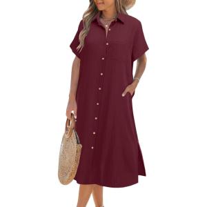 imageHOTOUCH Womens Dress Summer Casual Midi Short Sleeve Button Down Shirt Dress Loose Beach Beach Cover Up Dress with PocketsWine Red