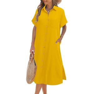 imageHOTOUCH Womens Dress Summer Casual Midi Short Sleeve Button Down Shirt Dress Loose Beach Beach Cover Up Dress with PocketsYellow