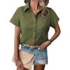 imageHOTOUCH Womens Button Down Shirt Short Sleeve Dress Shirt V Neck Collared Button Up Summer Tops Textured Work BlouseArmy Green