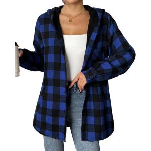 imageHOTOUCH Women Flannel Fleece Shacket Jacket Plaid Button Down Long Sleeve Shirt 2024 Fall Winter Outfits Clothes with HoodedBlue