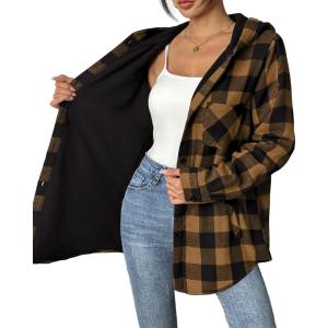 imageHOTOUCH Women Flannel Fleece Shacket Jacket Plaid Button Down Long Sleeve Shirt 2024 Fall Winter Outfits Clothes with HoodedBrown
