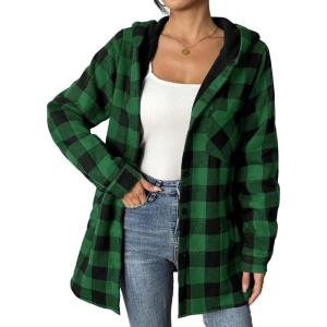 imageHOTOUCH Women Flannel Fleece Shacket Jacket Plaid Button Down Long Sleeve Shirt 2024 Fall Winter Outfits Clothes with HoodedGreen