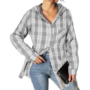 imageHOTOUCH Women Flannel Fleece Shacket Jacket Plaid Button Down Long Sleeve Shirt 2024 Fall Winter Outfits Clothes with HoodedGrey