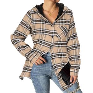imageHOTOUCH Women Flannel Fleece Shacket Jacket Plaid Button Down Long Sleeve Shirt 2024 Fall Winter Outfits Clothes with HoodedKhaki
