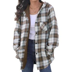 imageHOTOUCH Women Flannel Fleece Shacket Jacket Plaid Button Down Long Sleeve Shirt 2024 Fall Winter Outfits Clothes with HoodedLight Coffee