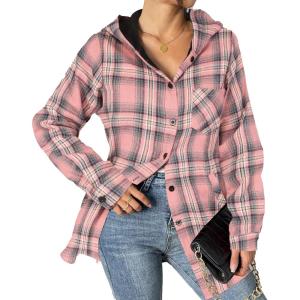 imageHOTOUCH Women Flannel Fleece Shacket Jacket Plaid Button Down Long Sleeve Shirt 2024 Fall Winter Outfits Clothes with HoodedPink