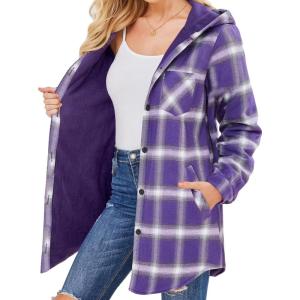 imageHOTOUCH Women Flannel Fleece Shacket Jacket Plaid Button Down Long Sleeve Shirt 2024 Fall Winter Outfits Clothes with HoodedPurple