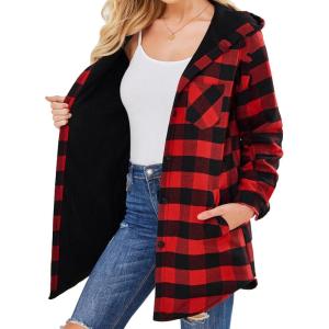 imageHOTOUCH Women Flannel Fleece Shacket Jacket Plaid Button Down Long Sleeve Shirt 2024 Fall Winter Outfits Clothes with HoodedRed