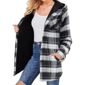 imageHOTOUCH Women Flannel Fleece Shacket Jacket Plaid Button Down Long Sleeve Shirt 2024 Fall Winter Outfits Clothes with HoodedWhite