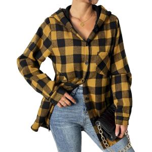 imageHOTOUCH Women Flannel Fleece Shacket Jacket Plaid Button Down Long Sleeve Shirt 2024 Fall Winter Outfits Clothes with HoodedYellow