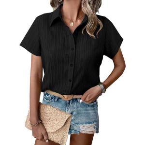 imageHOTOUCH Womens Button Down Shirt Short Sleeve Dress Shirt V Neck Collared Button Up Summer Tops Textured Work BlouseBlack