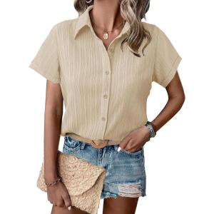 imageHOTOUCH Womens Button Down Shirt Short Sleeve Dress Shirt V Neck Collared Button Up Summer Tops Textured Work BlouseChampagne