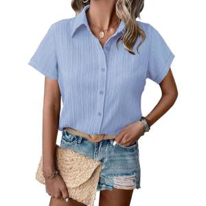 imageHOTOUCH Womens Button Down Shirt Short Sleeve Dress Shirt V Neck Collared Button Up Summer Tops Textured Work BlouseLight Blue