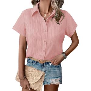 imageHOTOUCH Womens Button Down Shirt Short Sleeve Dress Shirt V Neck Collared Button Up Summer Tops Textured Work BlousePink