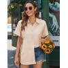 imageHOTOUCH Linen Button Down Shirt Women Short Sleeve Cotton Blouses V Neck Collared Summer Beach Tops S2XLKhaki