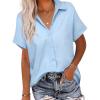 imageHOTOUCH Linen Button Down Shirt Women Short Sleeve Cotton Blouses V Neck Collared Summer Beach Tops S2XLLight Blue