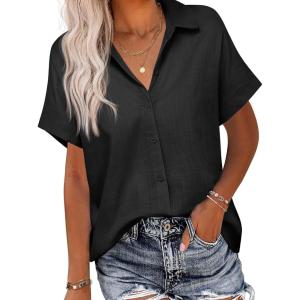 imageHOTOUCH Linen Button Down Shirt Women Short Sleeve Cotton Blouses V Neck Collared Summer Beach Tops S2XLBlack