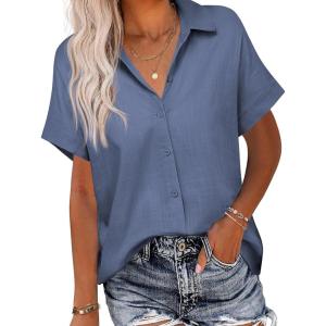 imageHOTOUCH Linen Button Down Shirt Women Short Sleeve Cotton Blouses V Neck Collared Summer Beach Tops S2XLDeep Blue