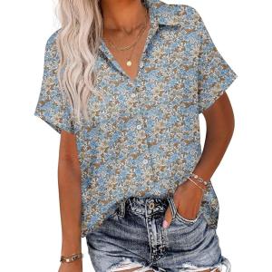 imageHOTOUCH Linen Button Down Shirt Women Short Sleeve Cotton Blouses V Neck Collared Summer Beach Tops S2XLFloral Blue