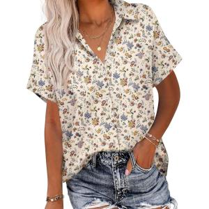 imageHOTOUCH Linen Button Down Shirt Women Short Sleeve Cotton Blouses V Neck Collared Summer Beach Tops S2XLFloral Cream