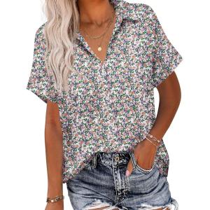 imageHOTOUCH Linen Button Down Shirt Women Short Sleeve Cotton Blouses V Neck Collared Summer Beach Tops S2XLFloral Purple